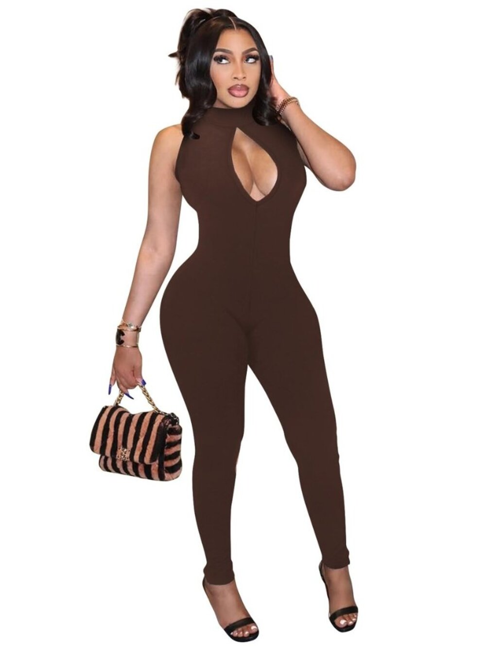 Women's Cut out Bodycon Jumpsuit Sleeveless Mock Neck Catsuit